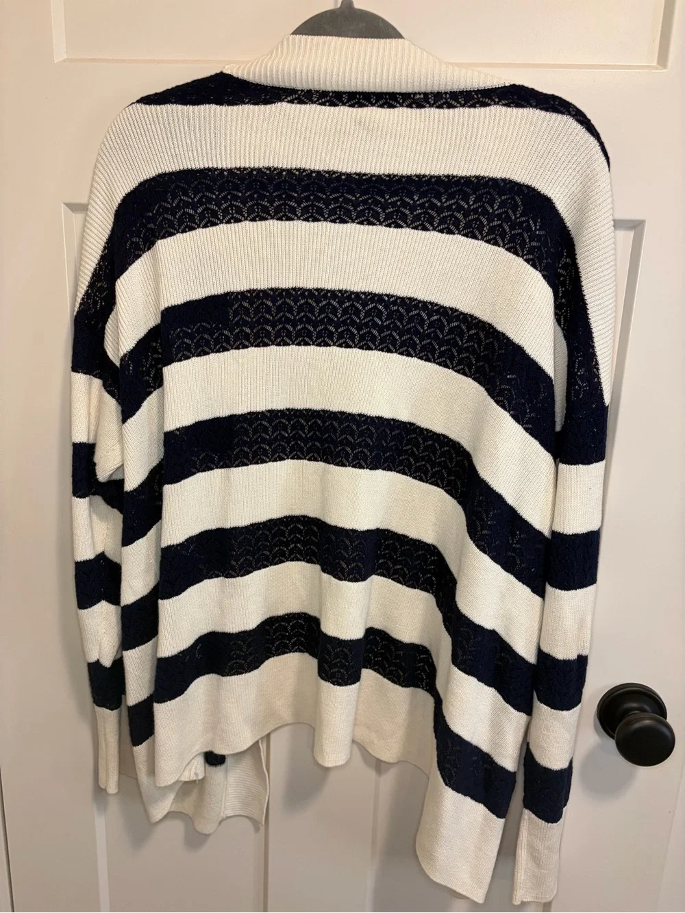 Lane Bryant Open Front Striped Lace Knit Cardigan - Ivory & Navy